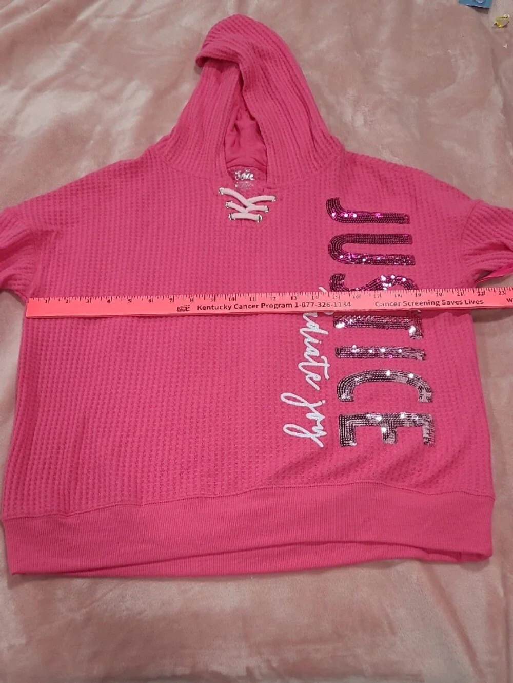 Justice Pink Sequin Logo Waffle-Knit Hoodie Sweater